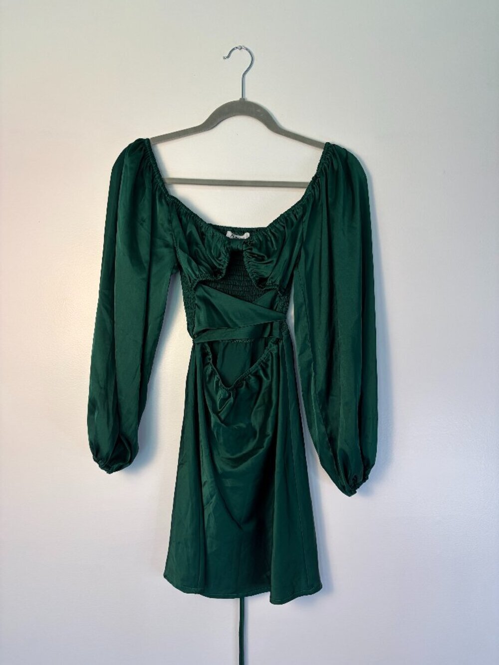 Princess Polly Nakita Emerald Green Mini Dress w Long Puff Sleeves